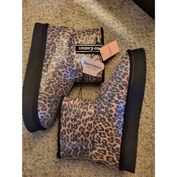 JUICY COUTURE leopard sequin boots fleece sz10 - Picture 3 of 6